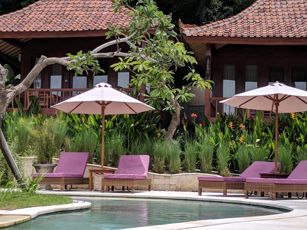 una piscina con tumbonas y sombrillas púrpuras en Paradesa Living, en Gili Trawangan