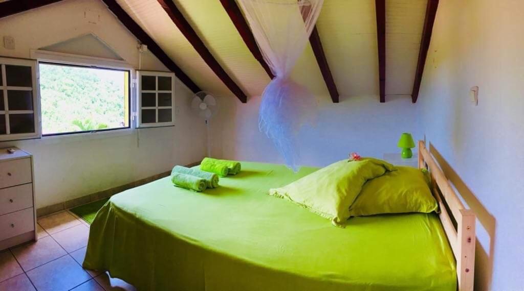 ein Schlafzimmer mit einem grünen Bett in einem Zimmer in der Unterkunft Le Saintois in Terre-de-Bas