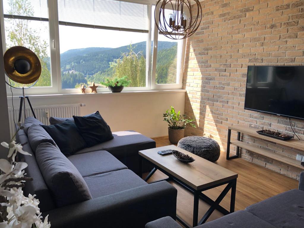 a living room with a couch and a tv at Apartment Elis in Špindlerův Mlýn