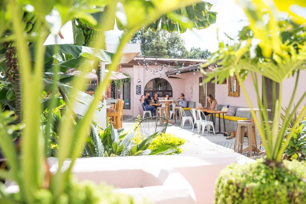 a patio with tables and chairs and people sitting at tables at Maya Papaya in Antigua Guatemala