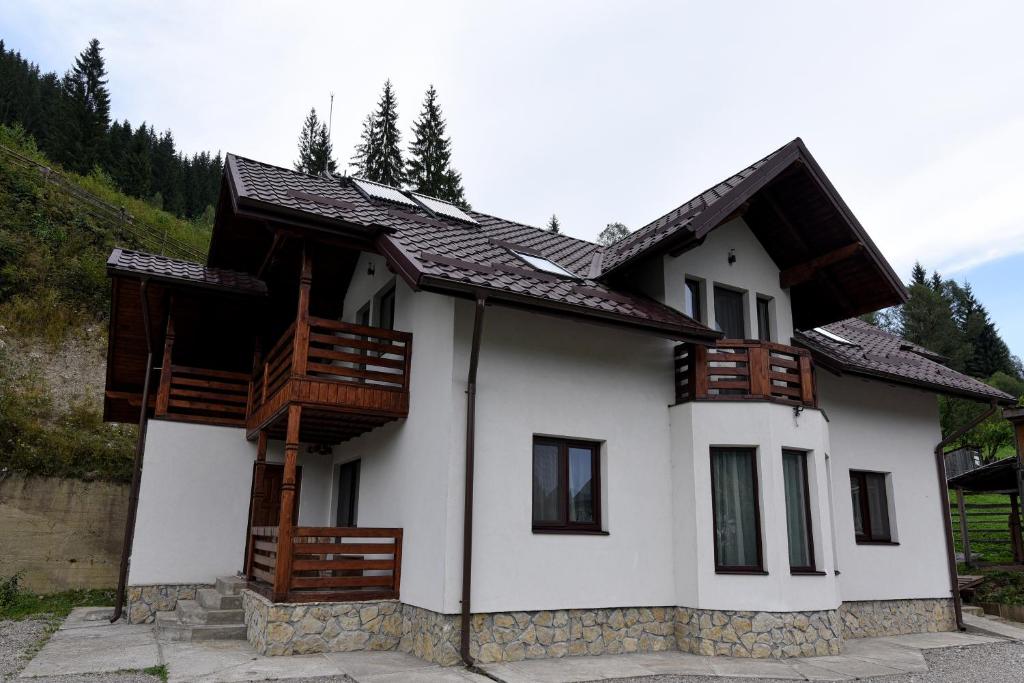 a white house with a brown roof at Casa Diaconu in Fundu Moldovei