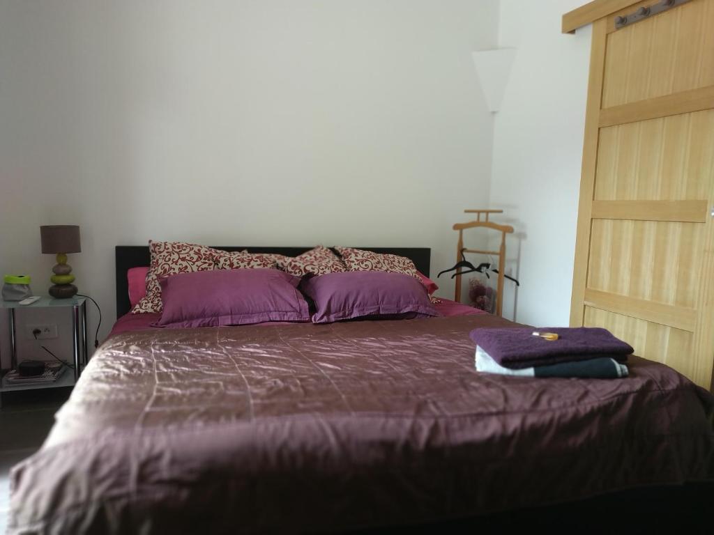 Studio dans les bois في Blésignac: غرفة نوم مع سرير بملاءات ووسائد أرجوانية