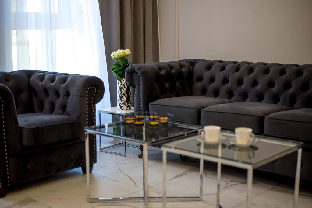 uma sala de estar com dois sofás e uma mesa de centro em Apartamenty Prestiż 91 em Koszalin