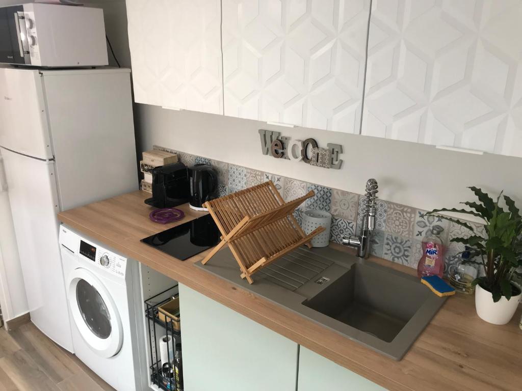 uma cozinha com um lavatório e um micro-ondas em Duplex Atypique Paris 13 Station F Bercy em Paris