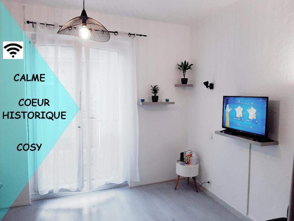 sala de estar con TV en una pared blanca en Studio Hyper Centre, Cosy Tourmalet, en Lourdes