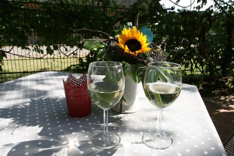 a table with two glasses of wine and a vase with a sunflower at Landhaus Immenbarg, Sonne in Warnemünde