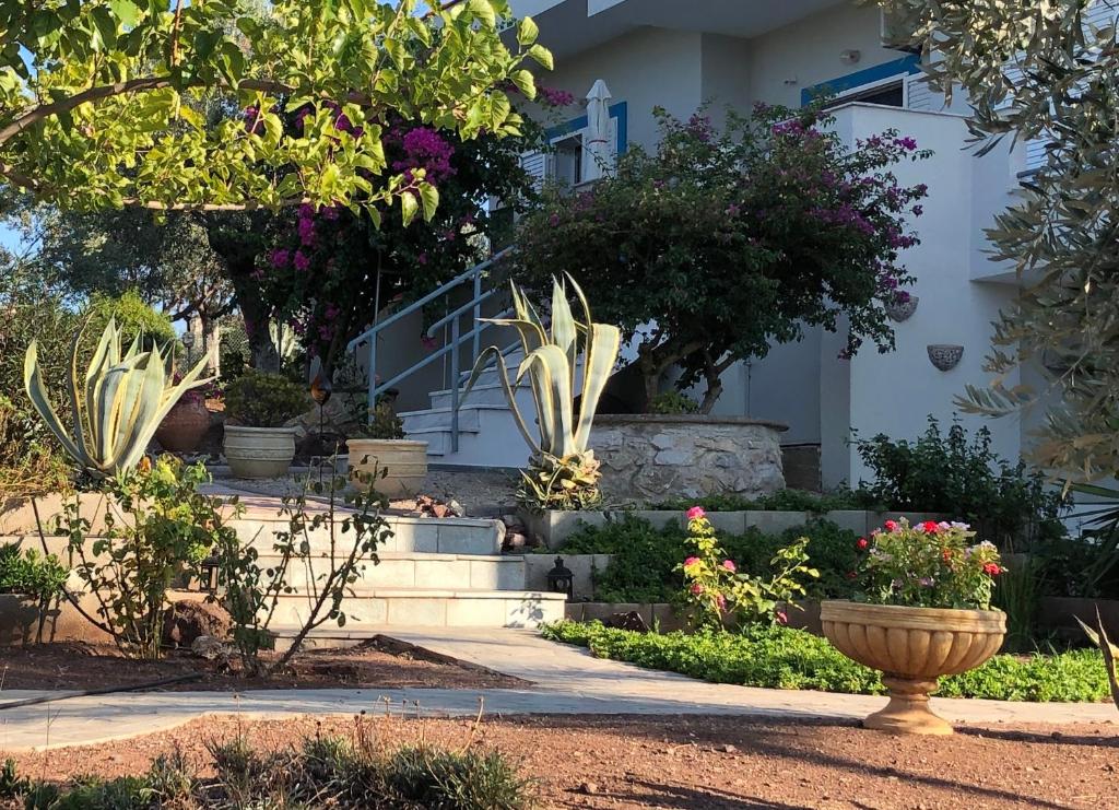 ogród ze schodami i roślinami przed domem w obiekcie Apartment KoKa w mieście Ermioni