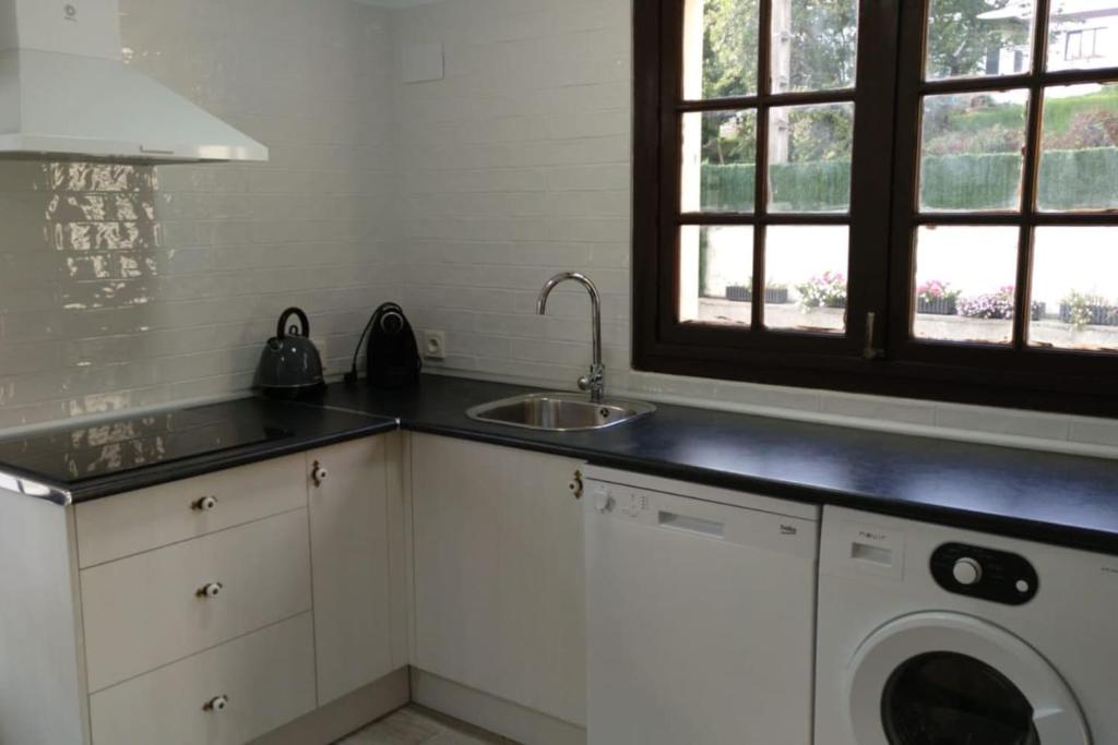eine Küche mit einer Spüle und einer Waschmaschine in der Unterkunft Marinela in Hendaye