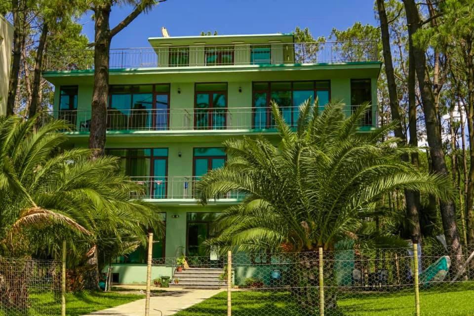 a green building with palm trees in front of it at Shekvetili Green House in Shekvetili