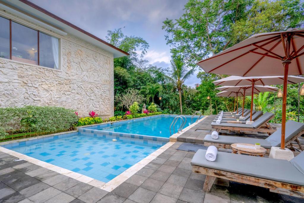 烏布的住宿－塔加育達阿育王樹度假別墅，房屋旁的游泳池配有椅子和遮阳伞