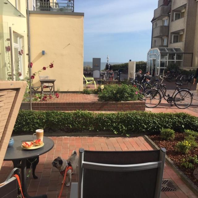 a dog on a leash tied to a table in a patio at Hund im Glück in Wangerooge
