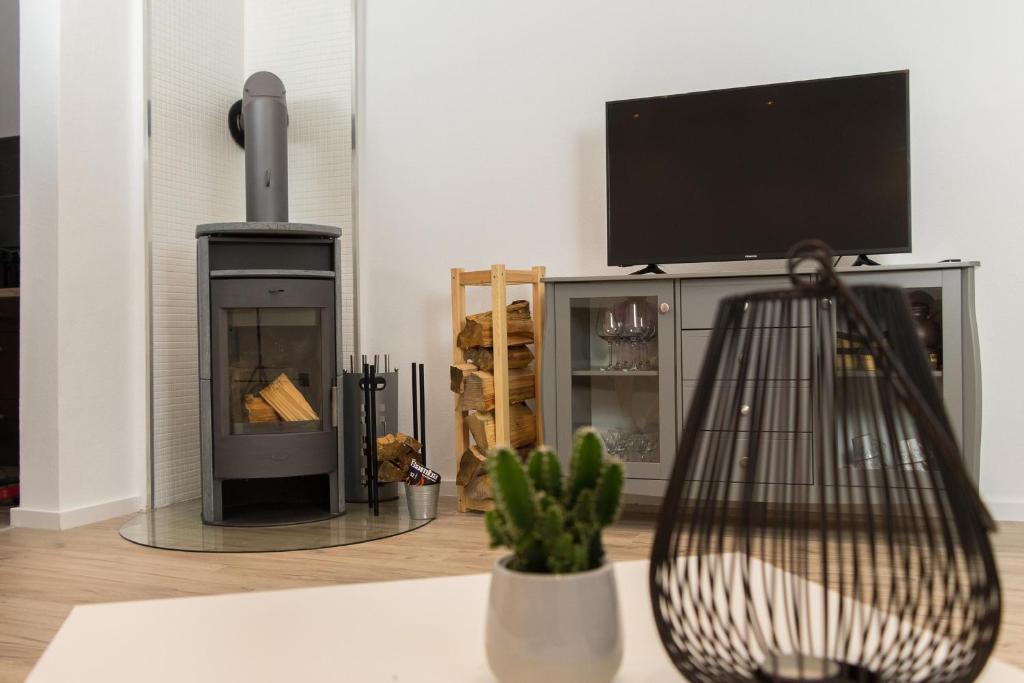 a living room with a fireplace and a tv at Casa Teutoburgia in Herne