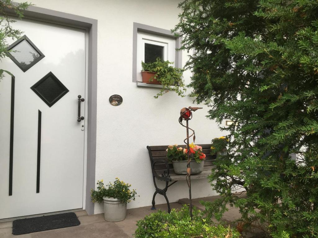 einer Haustür eines Hauses mit Topfpflanzen in der Unterkunft Ferienhaus Sonnenblume in Hameln