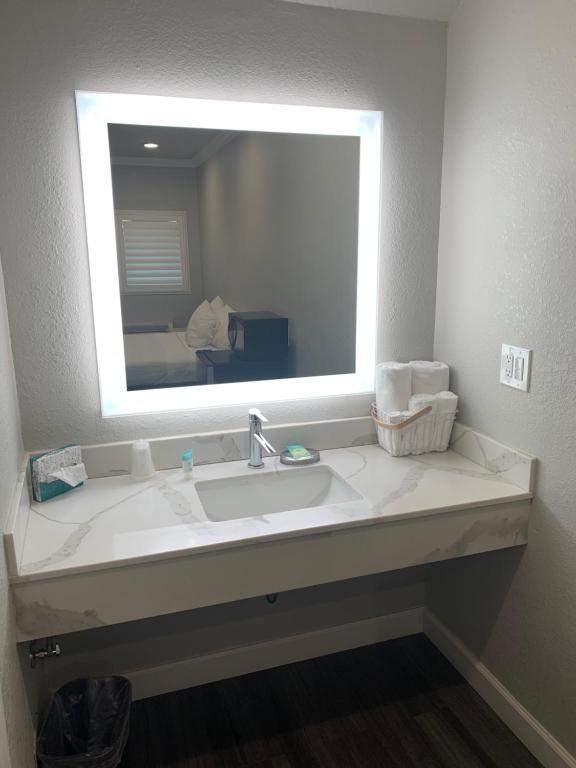 a bathroom with a sink with a large mirror at Elmwood Motel in Auburn