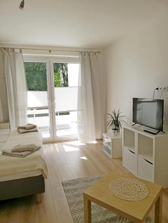 uma sala de estar com uma televisão de ecrã plano e uma mesa em Ferienwohnung Mammut 1 em Salzgitter