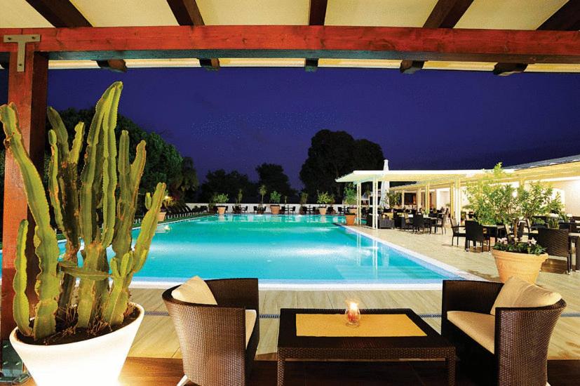 a swimming pool with a table and chairs and a cactus at Hotel Meridiana in Paestum