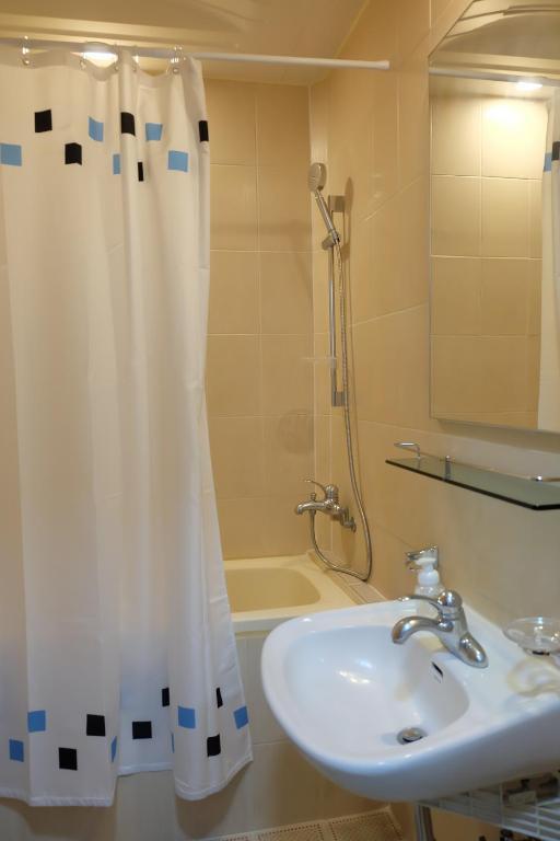 ein Bad mit einem Duschvorhang und einem Waschbecken in der Unterkunft Hostel Espace in Chuncheon