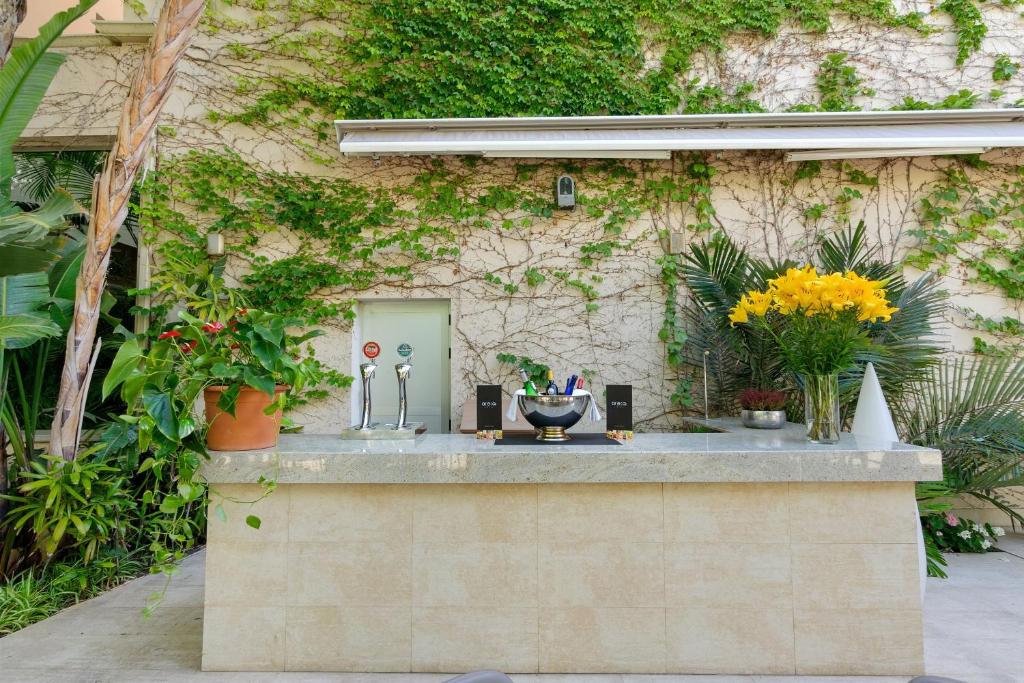 a outdoor kitchen with plants and flowers on a counter at Hotel Areca in Torrellano