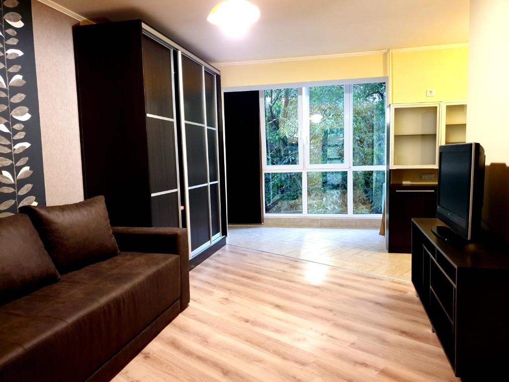 ein Wohnzimmer mit einem Sofa und einem TV in der Unterkunft 90-Avenue Apartments in Czernowitz