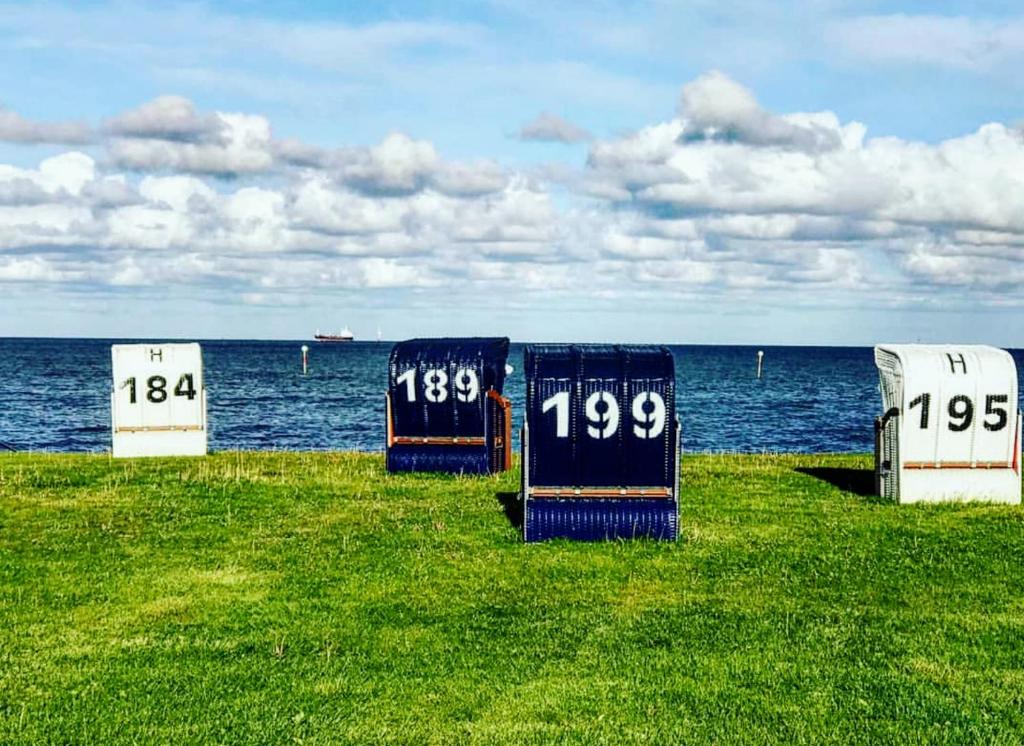 four crates sitting in the grass next to the ocean at NordseeResort Hotel & Suite Arche Noah in Horumersiel