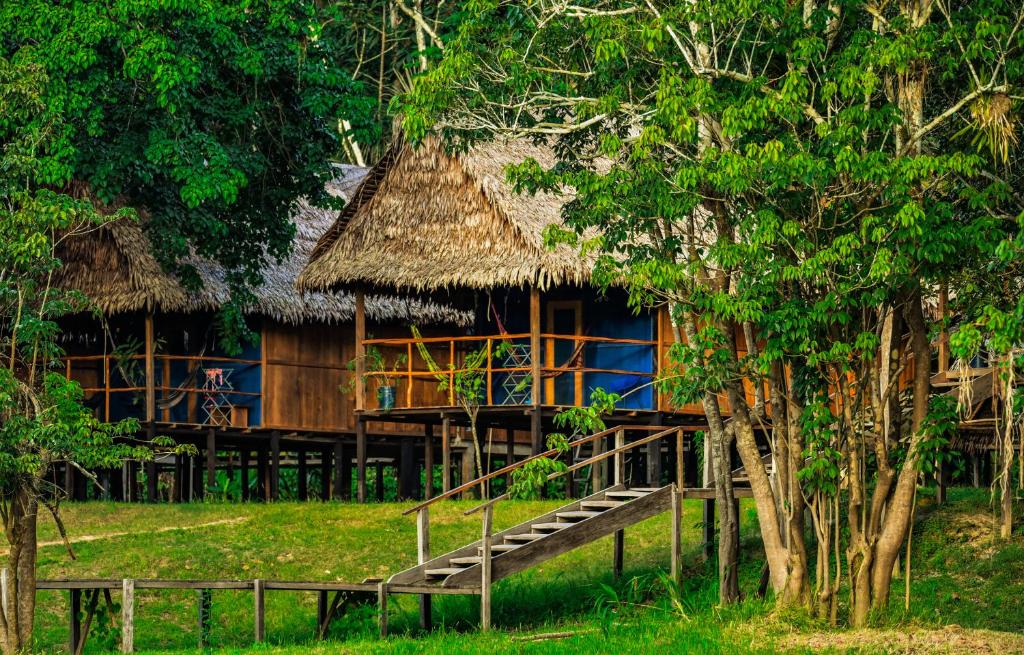 a hut with a staircase leading up to it at Amazon Muyuna Lodge - All Inclusive in Paraíso