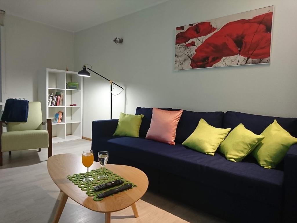 塔林的住宿－City center Raua apartment with balcony，客厅配有蓝色沙发及色彩缤纷的枕头