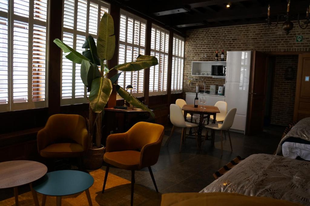 een kamer met stoelen, een plant en een keuken bij Charming Suites Jan Zonder Vrees in Antwerpen