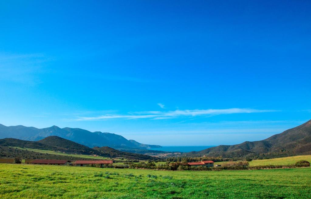 a green field with mountains in the background at Agriturismo Il Ginepro in Fluminimaggiore