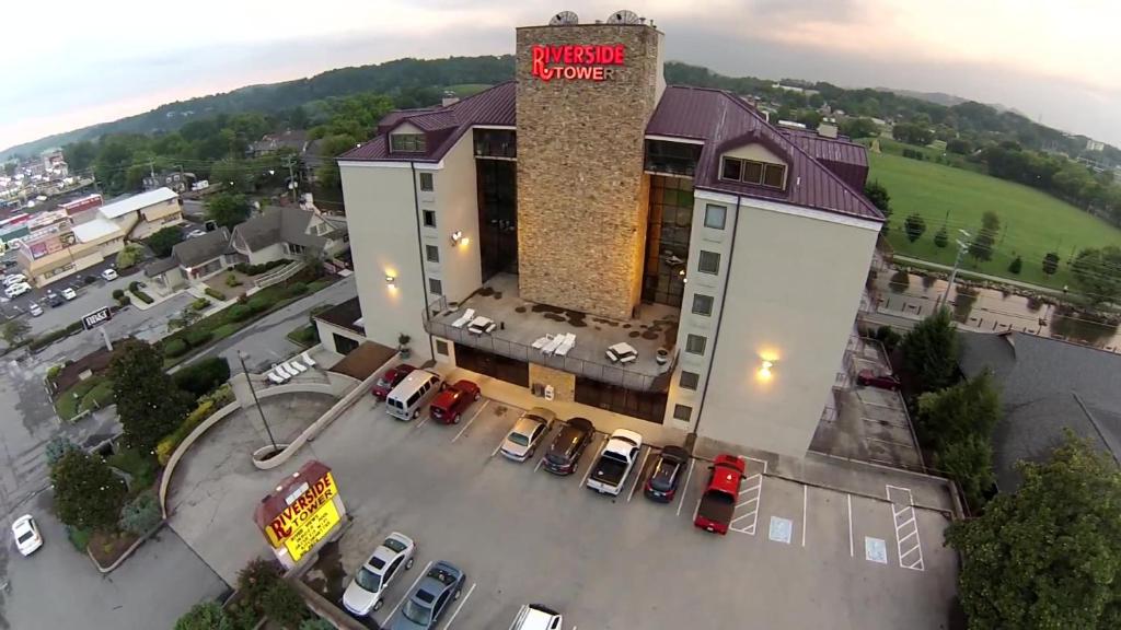 an overhead view of a hotel with a parking lot at Riverside Tower in Pigeon Forge