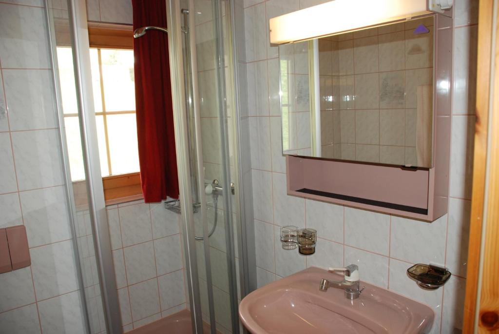 a bathroom with a sink and a shower with a mirror at Appartment & Taxi Tirana in Samnaun