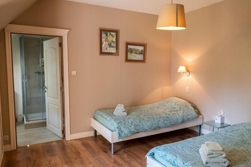 a bedroom with two beds and a walk in shower at B&B El Tyu in Écaussinnes-dʼEnghien