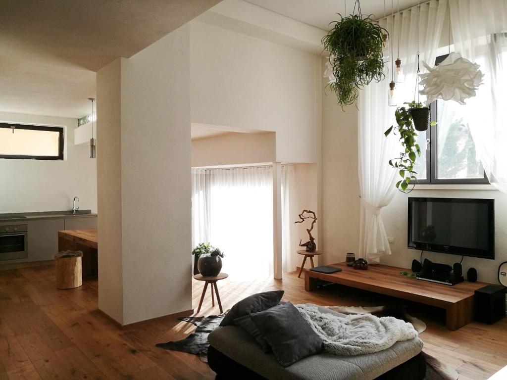 a living room with a couch and a flat screen tv at Loft del Talvera 1 in Bolzano