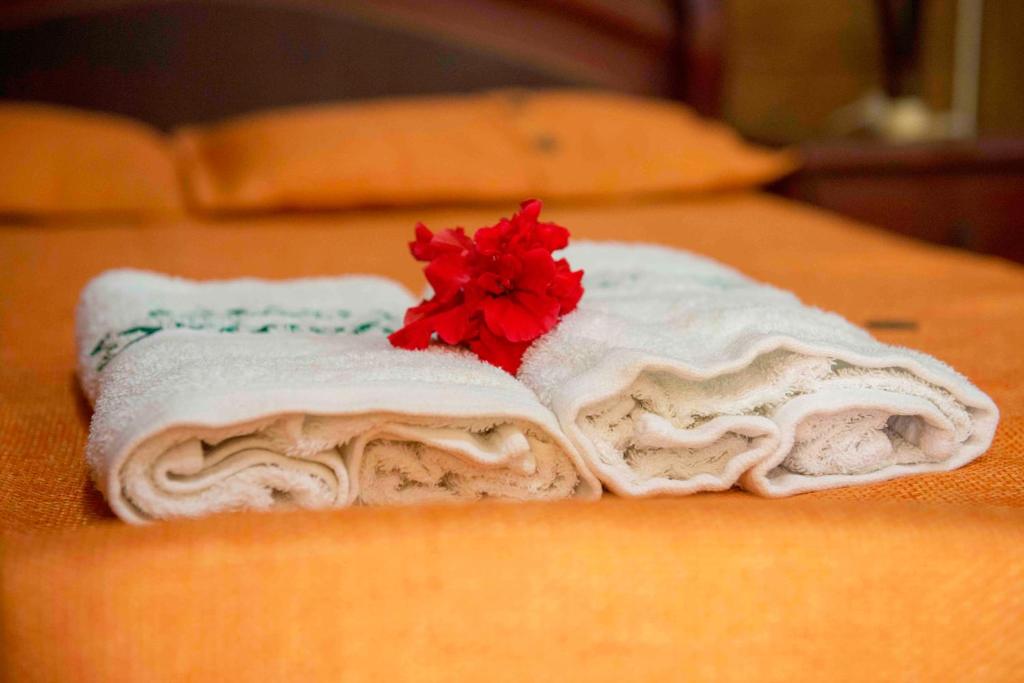 una pila de toallas en una cama con una flor roja en Posadas Ecoturisticas Seineken, en El Zaino