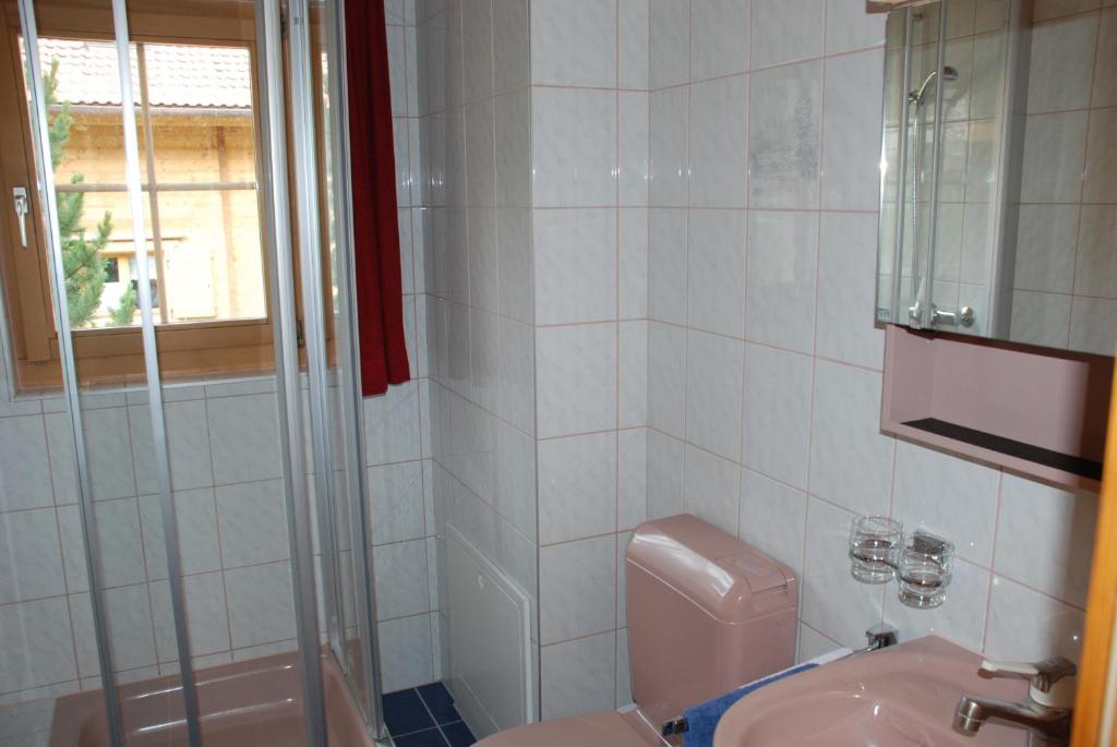 a bathroom with a pink toilet and a sink at Appartment & Taxi Tirana in Samnaun