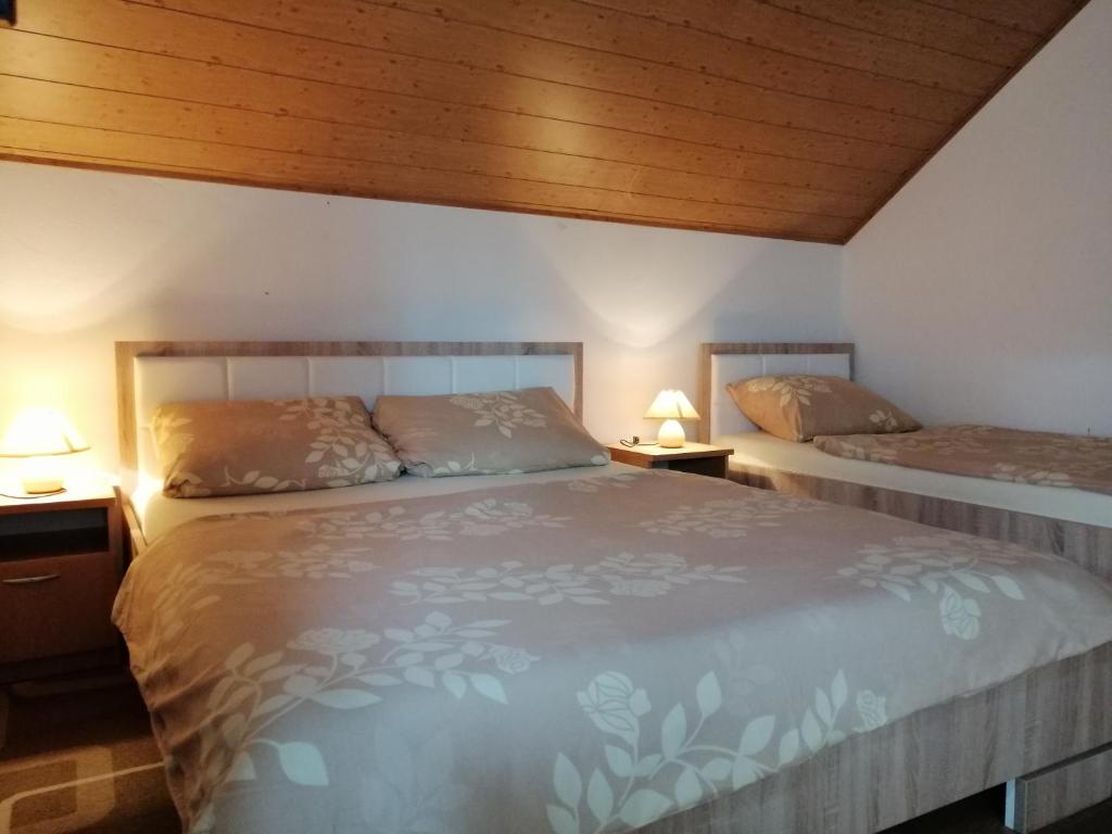 a bedroom with two beds and two lamps at House Mihaela&nina in Seliste Dreznicko