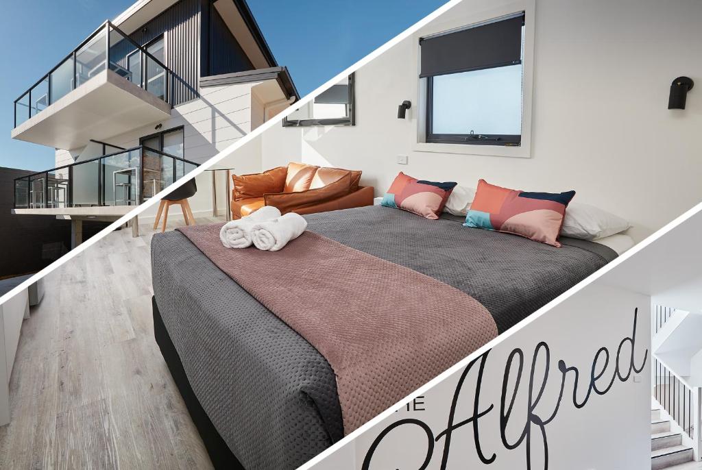 a bedroom with a bed under a staircase at Brunker Suites in Newcastle