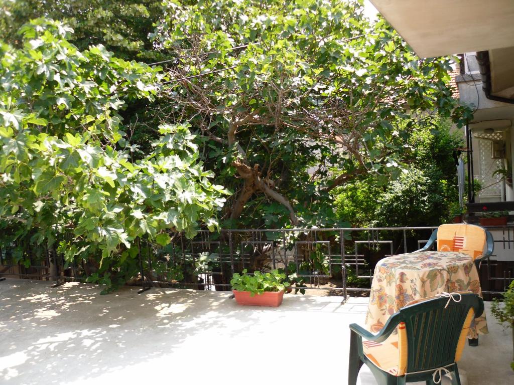 a table and chairs sitting in front of a tree at Къща за почивка Смокиня in Sozopol