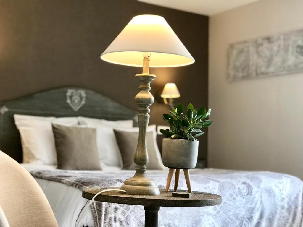 a lamp on a table with a potted plant in a bedroom at HOSTELLERIE DES BICHONNIERES in Ambérieux-en-Dombes