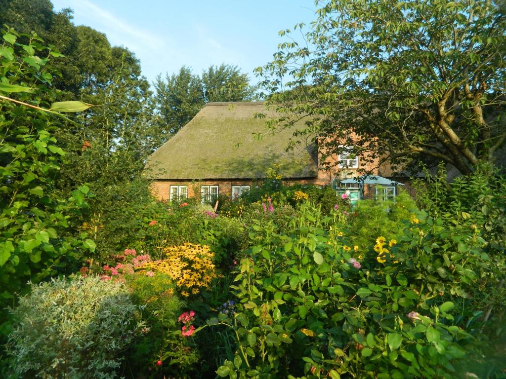 an old house with a grass roof in a garden at Haubarg Pernörhof in Tönning