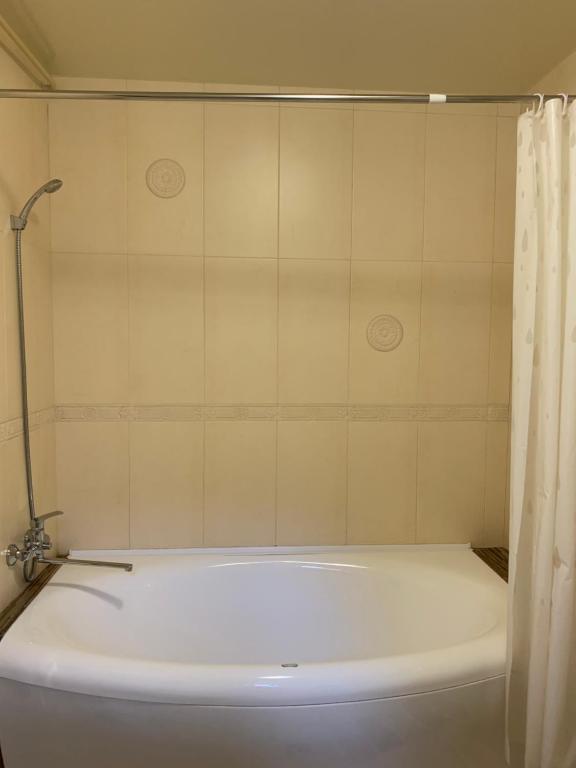 a white bath tub with a shower curtain in a bathroom at Apartment on Pastukhova 31 in Pyatigorsk