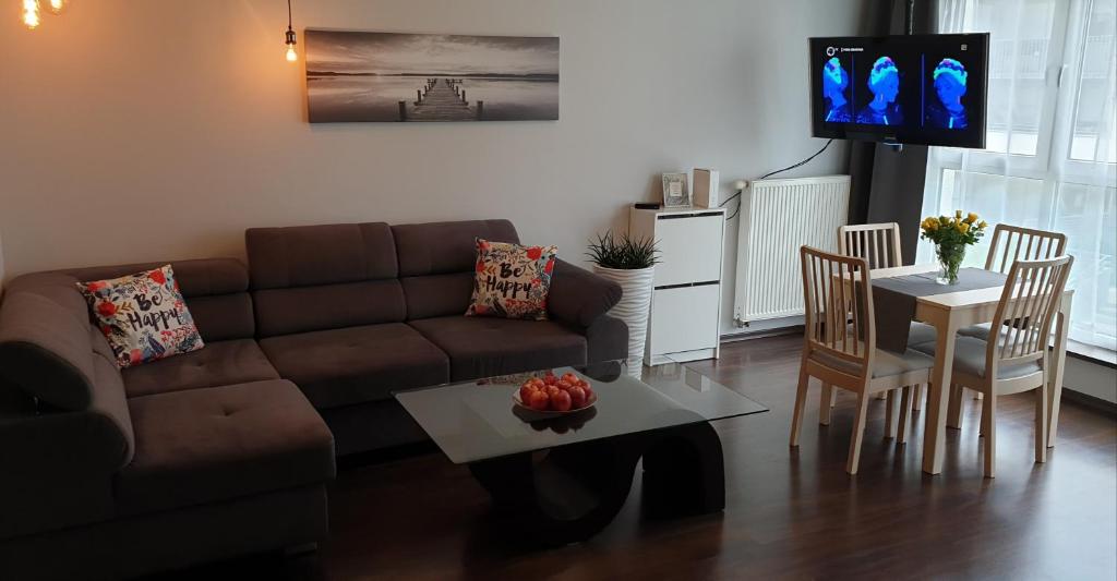 a living room with a couch and a table at Apartament NAD MALTĄ in Poznań