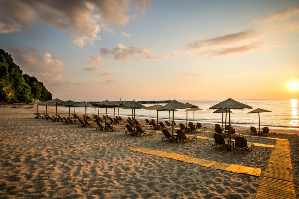 un grupo de sillas y sombrillas en una playa en Kenta Beach Hotel en Agios Ioannis Pelio