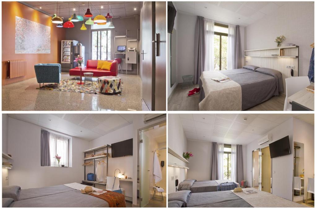 two pictures of a bedroom and a living room at Hostal Benidorm in Barcelona