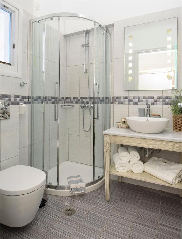 a bathroom with a shower and a toilet and a sink at Vigla Hotel in Aegiali