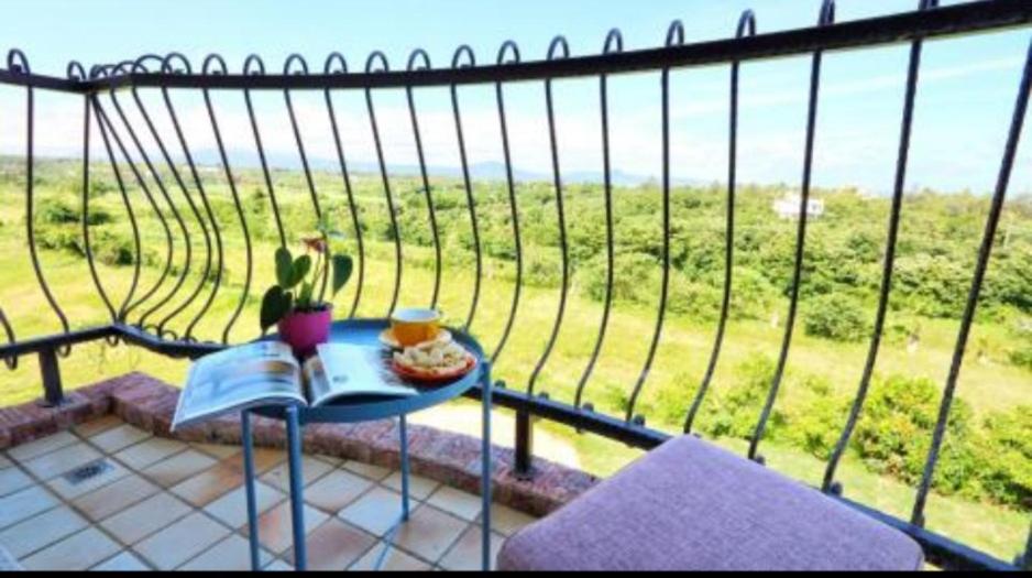a table with a book on a balcony with a view at Full Moon Resort in Hengchun