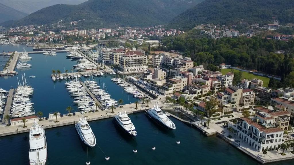an aerial view of a marina with boats in the water at Porto Montenegro Luxury Experience in Tivat