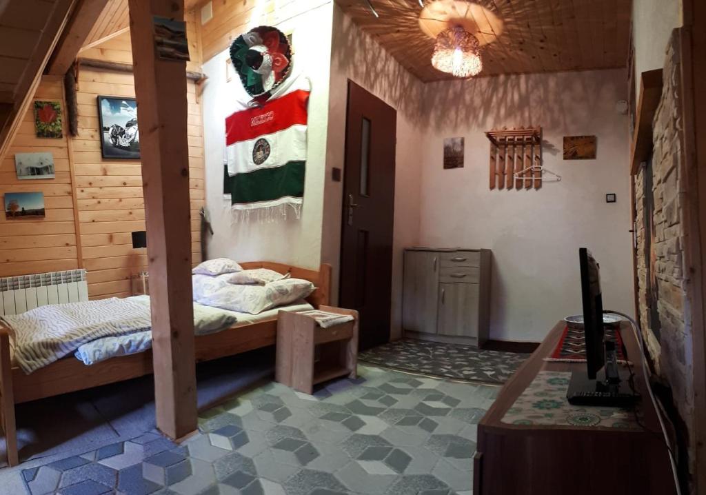 ein Schlafzimmer mit einem Bett und einem Schreibtisch in einem Zimmer in der Unterkunft Willa Helena in Cisna