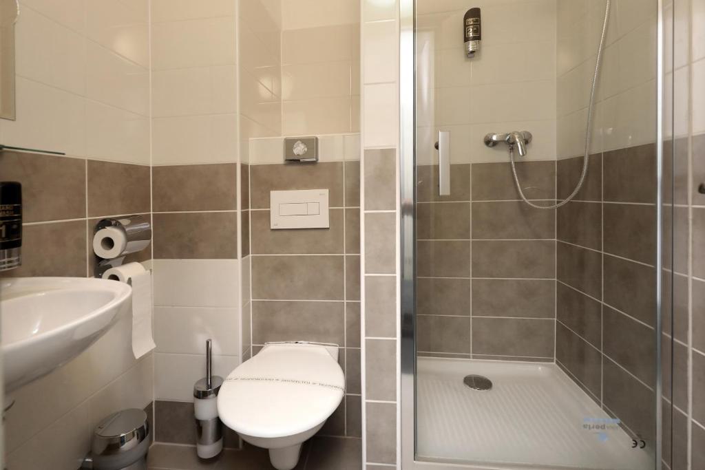 a bathroom with a toilet and a sink and a shower at Pension U Tří sedláků in České Budějovice