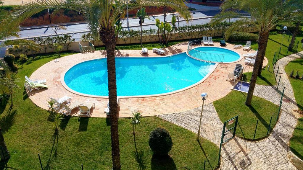 een uitzicht over een zwembad met palmbomen bij Albufeira4Us in Albufeira