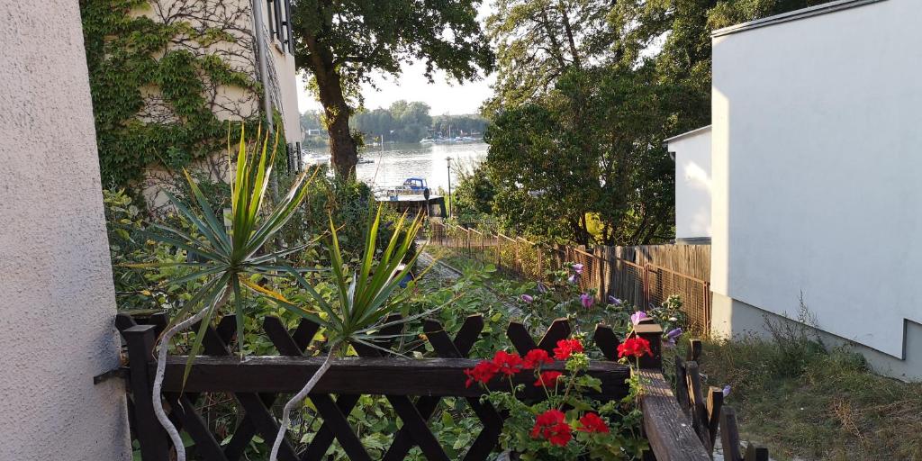 a garden with flowers and a fence next to a building at Dorfstraße 21 Ferienwohnung 3 in Schwielowsee